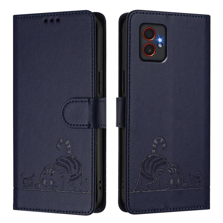 Funda de cuero RFID con estampado de gato y rata en relieve para Samsung Galaxy XCover7 Pro con cordón (azul)