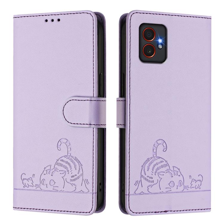 Funda de cuero RFID con estampado de gato y rata para Samsung Galaxy XCover7 Pro con cordón (morado)