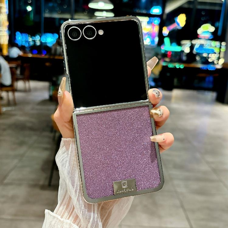 Funda para Samsung Galaxy Z Flip6 con marco chapado, placa de identificación de papel brillante y cobertura total (morado)
