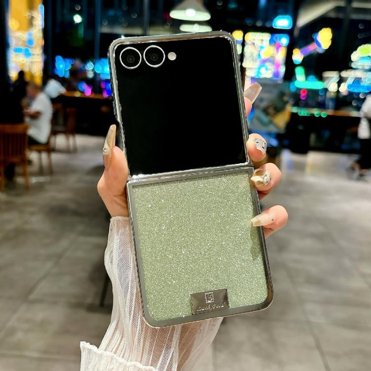Funda para Samsung Galaxy Z Flip6 con marco chapado, papel brillante y placa de identificación de cobertura completa (verde)