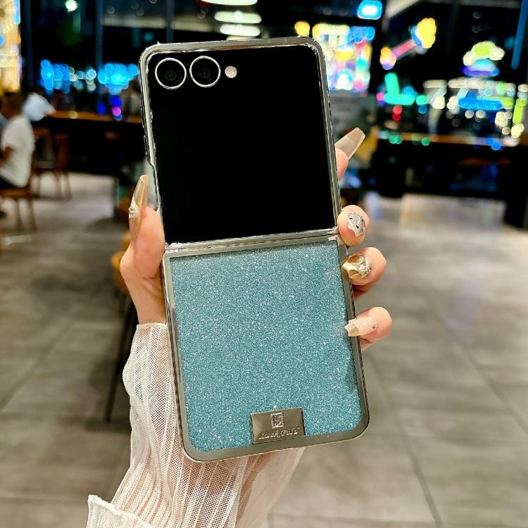 Funda para Samsung Galaxy Z Flip6 con marco chapado, papel brillante y placa de identificación de cobertura completa (azul)