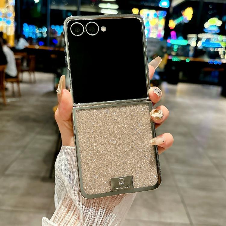 Funda para Samsung Galaxy Z Flip6 con marco chapado, papel brillante y placa de identificación de cobertura completa (dorada)