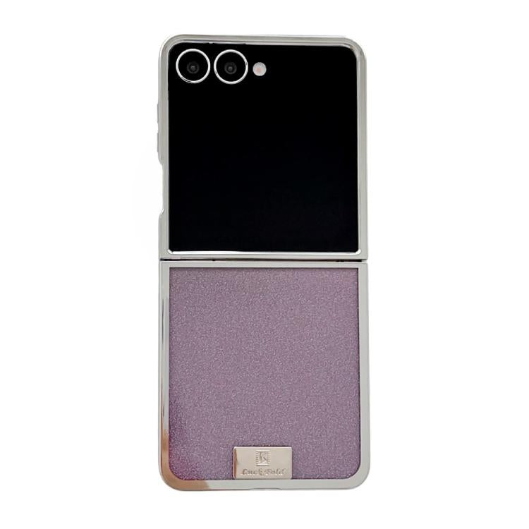 Funda para Samsung Galaxy Z Flip7 5G con marco chapado, placa de identificación de papel brillante y cobertura total (morado)