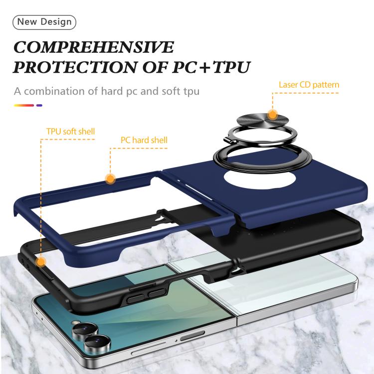 Funda magnética de PC + TPU para Samsung Galaxy Z Flip7 5G con anillo invisible (azul marino)