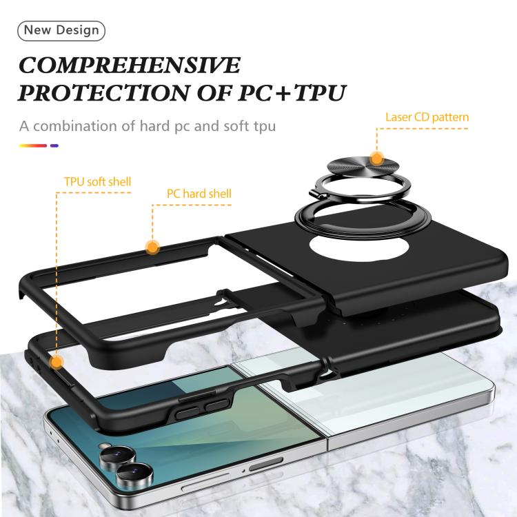 Funda magnética de PC + TPU para Samsung Galaxy Z Flip7 5G con soporte de anillo invisible (negro)