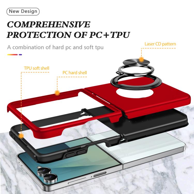 Funda magnética de PC + TPU para Samsung Galaxy Z Flip7 5G con soporte de anillo invisible (roja)