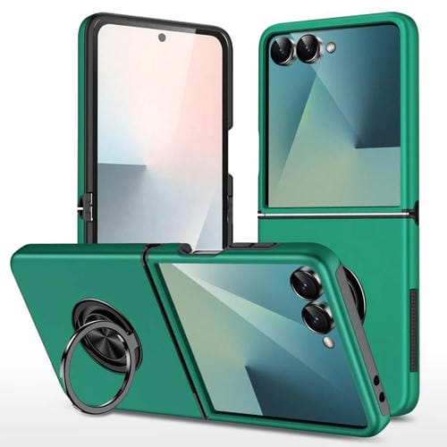 Funda magnética de PC + TPU para Samsung Galaxy Z Flip7 5G con anillo invisible (verde oscuro)