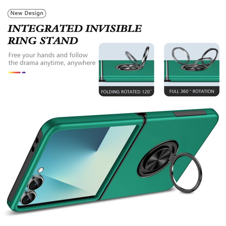 Funda magnética de PC + TPU para Samsung Galaxy Z Flip7 5G con anillo invisible (verde oscuro)
