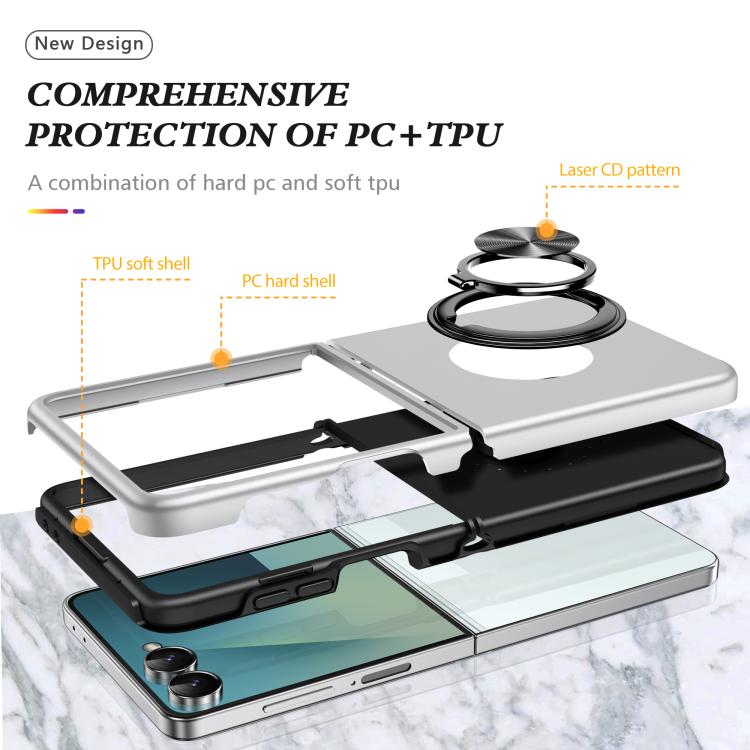 Funda magnética de PC + TPU para Samsung Galaxy Z Flip7 5G con anillo invisible (plateada)