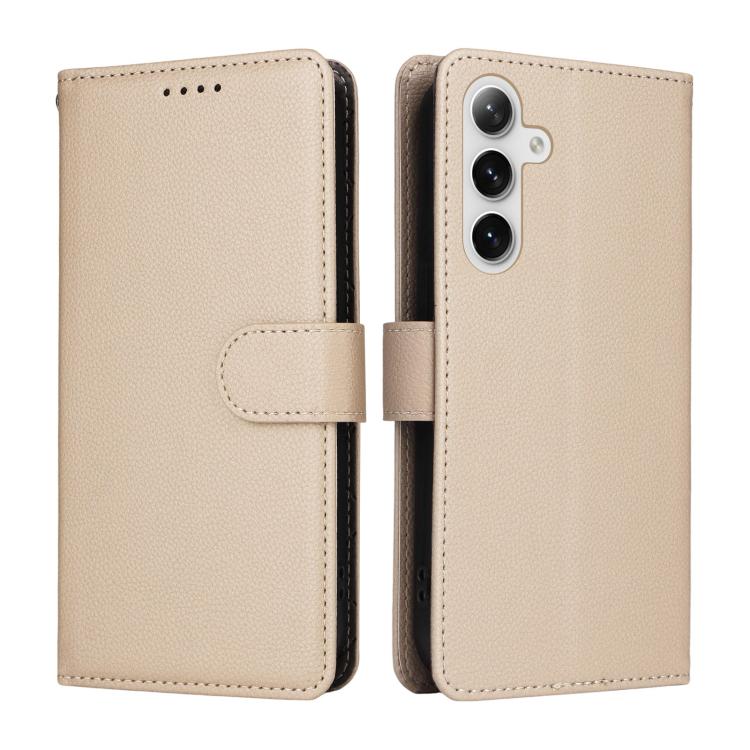 Funda de cuero tipo billetera con bloqueo RFID para Samsung Galaxy S25/S24 5G, textura Litchi, para 3 tarjetas (beige)