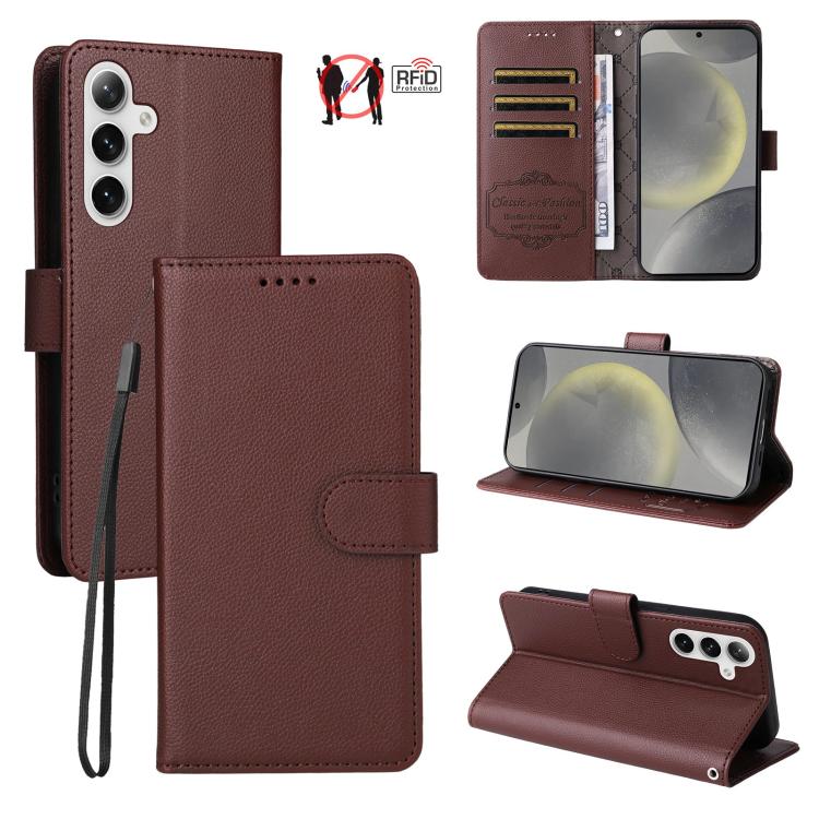 Funda de cuero con textura Litchi para Samsung Galaxy S25/S24 5G, con bloqueo RFID y capacidad para 3 tarjetas (marrón)