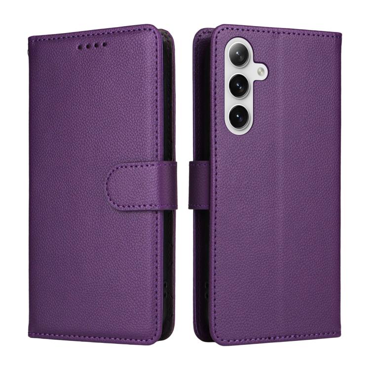 Funda de cuero con textura Litchi para Samsung Galaxy S25/S24 5G, con bloqueo RFID y capacidad para 3 tarjetas (morado)