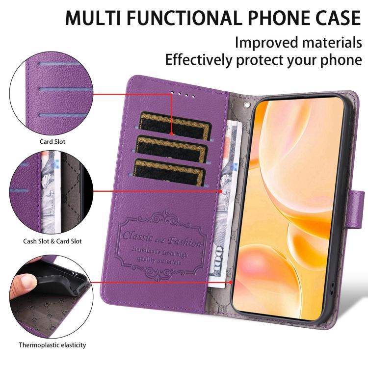 Funda de cuero con textura Litchi para Samsung Galaxy S25/S24 5G, con bloqueo RFID y capacidad para 3 tarjetas (morado)
