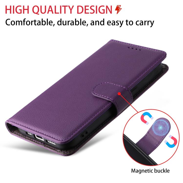 Funda de cuero con textura Litchi para Samsung Galaxy S25/S24 5G, con bloqueo RFID y capacidad para 3 tarjetas (morado)