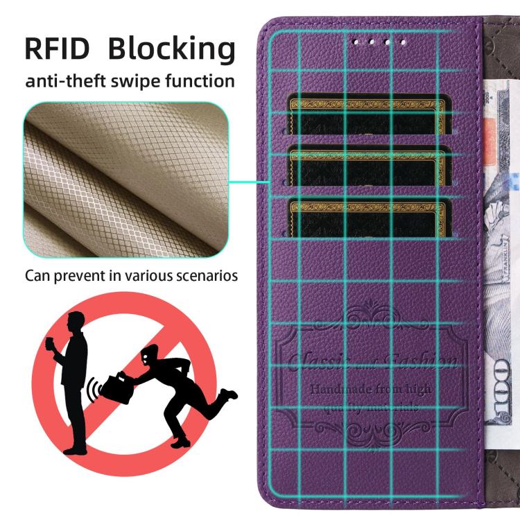 Funda de cuero con textura Litchi para Samsung Galaxy S25/S24 5G, con bloqueo RFID y capacidad para 3 tarjetas (morado)