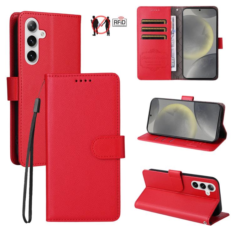 Funda de cuero tipo billetera con bloqueo RFID para Samsung Galaxy S25+ / S24+ 5G, textura Litchi, para 3 tarjetas (roja)