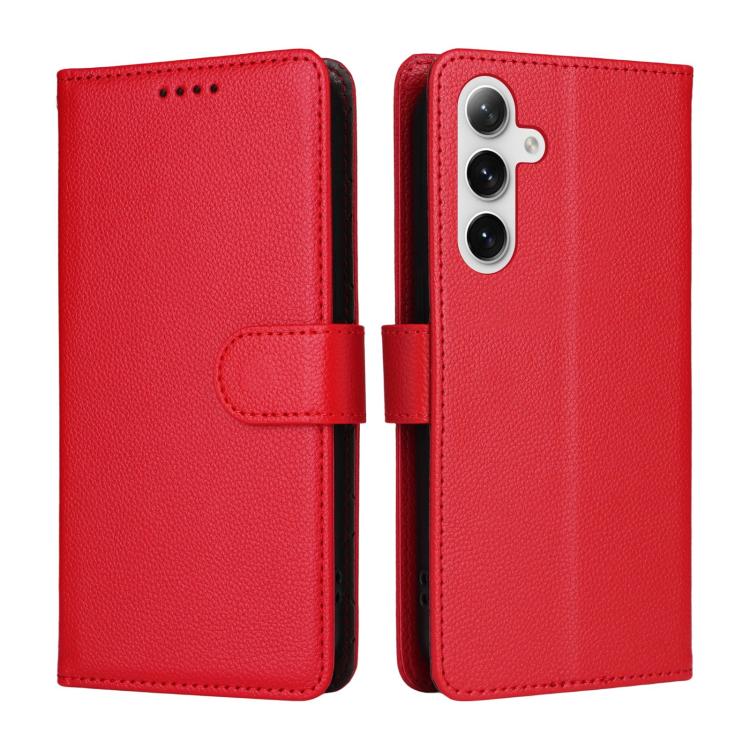 Funda de cuero tipo billetera con bloqueo RFID para Samsung Galaxy S25+ / S24+ 5G, textura Litchi, para 3 tarjetas (roja)