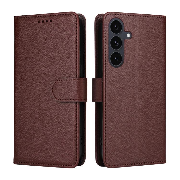 Funda de cuero tipo billetera con bloqueo RFID para Samsung Galaxy S25 FE 5G, textura Litchi, para 3 tarjetas (marrón)