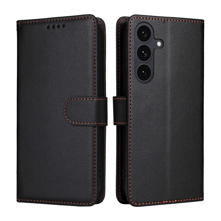 Funda de cuero con textura Litchi para Samsung Galaxy S25 FE 5G, con bloqueo RFID y capacidad para 3 tarjetas (negro)
