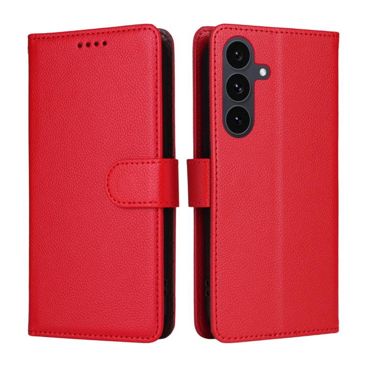 Funda de cuero con textura Litchi para Samsung Galaxy S25 FE 5G, con bloqueo RFID y capacidad para 3 tarjetas (roja)