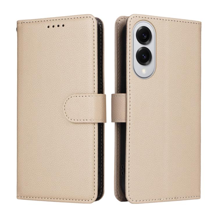 Funda de cuero tipo billetera con bloqueo RFID para Samsung Galaxy S25 Edge 5G, textura Litchi, para 3 tarjetas (beige)