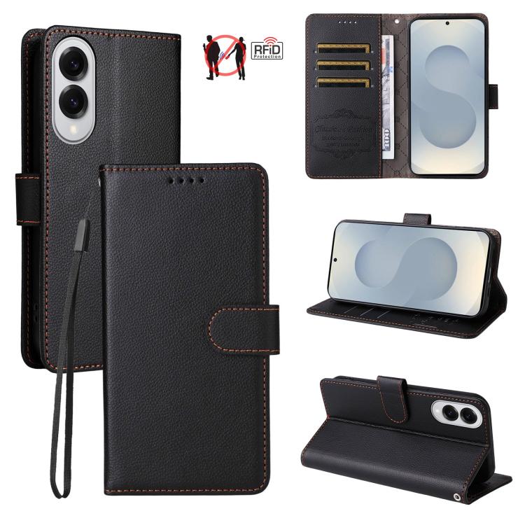 Funda de cuero tipo billetera con bloqueo RFID para Samsung Galaxy S25 Edge 5G, textura Litchi, para 3 tarjetas (negro)