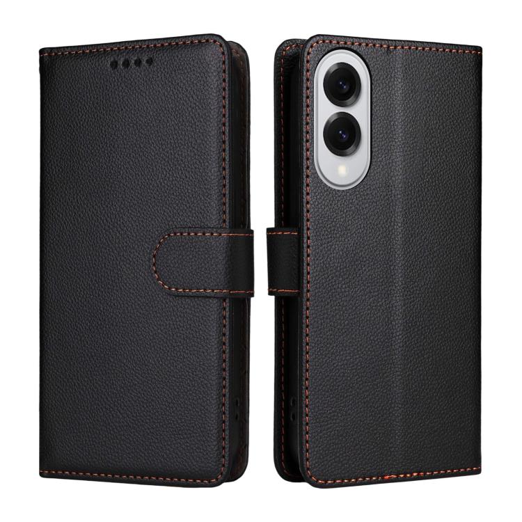Funda de cuero tipo billetera con bloqueo RFID para Samsung Galaxy S25 Edge 5G, textura Litchi, para 3 tarjetas (negro)