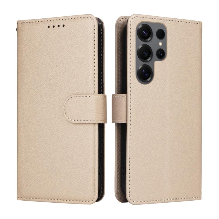 Funda de cuero tipo billetera con textura Litchi y bloqueo RFID para Samsung Galaxy S25 Ultra 5G (beige)