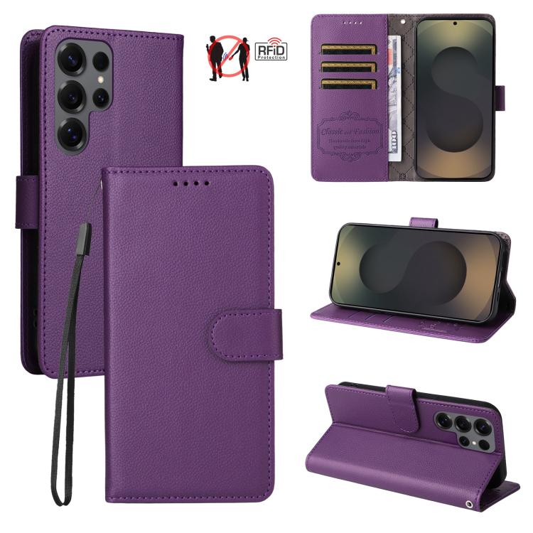 Funda de cuero tipo billetera con bloqueo RFID para Samsung Galaxy S25 Ultra 5G, textura Litchi, para 3 tarjetas (morado)