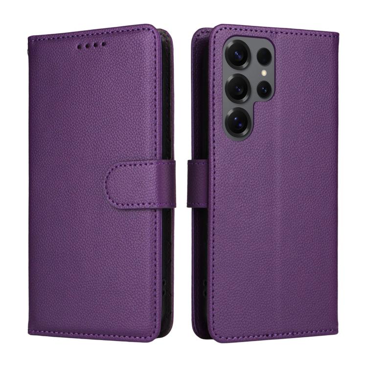 Funda de cuero tipo billetera con bloqueo RFID para Samsung Galaxy S25 Ultra 5G, textura Litchi, para 3 tarjetas (morado)