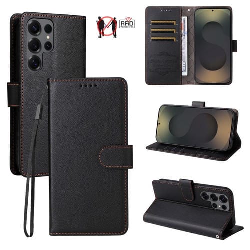 Funda de cuero tipo billetera con textura Litchi y bloqueo RFID para Samsung Galaxy S25 Ultra 5G (negra)