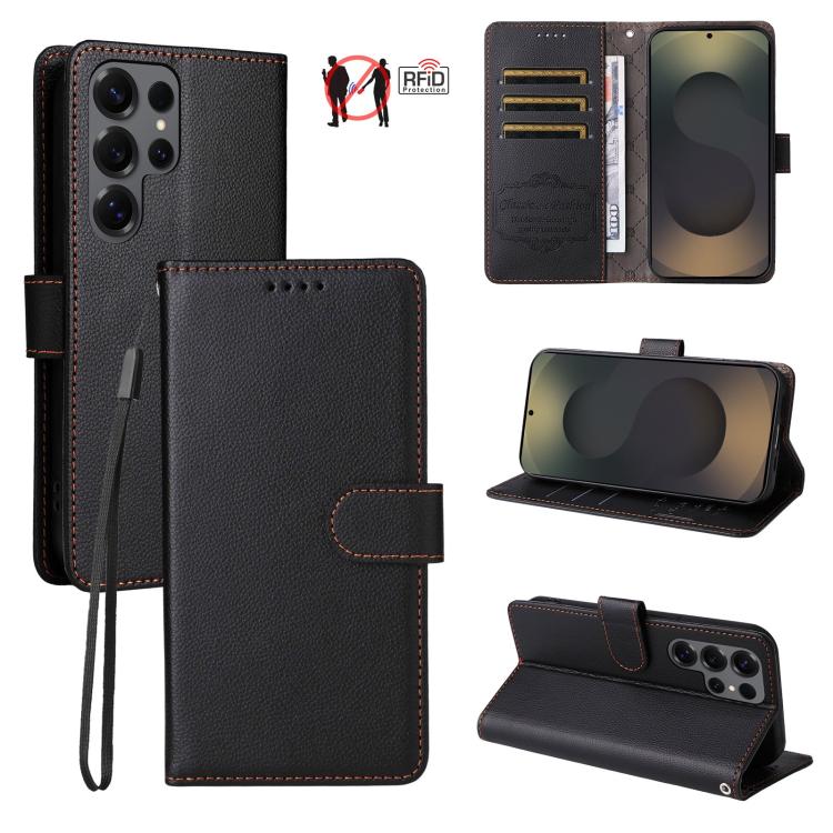 Funda de cuero tipo billetera con textura Litchi y bloqueo RFID para Samsung Galaxy S25 Ultra 5G (negra)