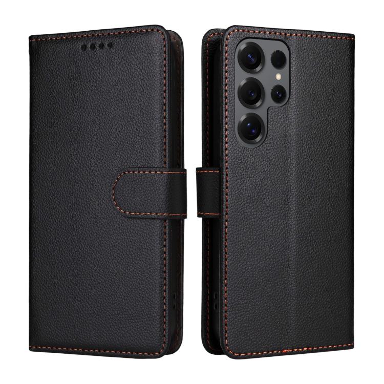 Funda de cuero tipo billetera con textura Litchi y bloqueo RFID para Samsung Galaxy S25 Ultra 5G (negra)
