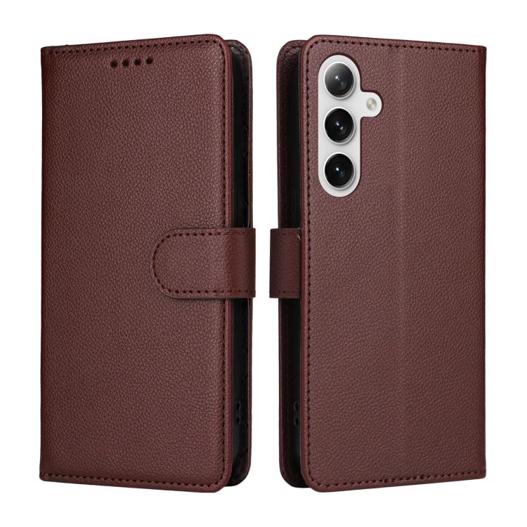 Funda de cuero con textura Litchi para Samsung Galaxy S24 FE 5G, con bloqueo RFID y capacidad para 3 tarjetas (marrón)