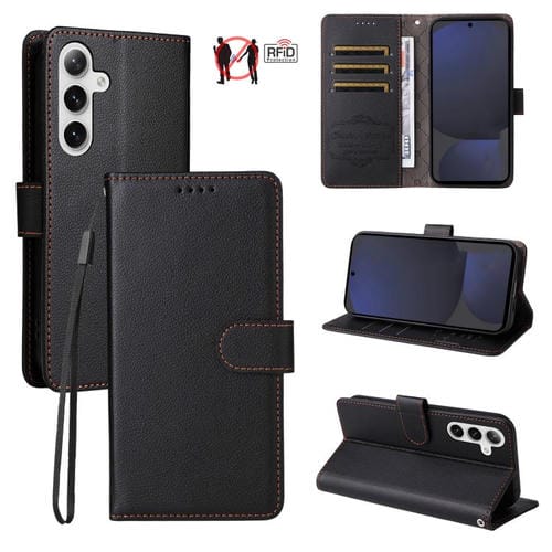 Funda de cuero con textura Litchi para Samsung Galaxy S24 FE 5G, con bloqueo RFID y capacidad para 3 tarjetas (negro)