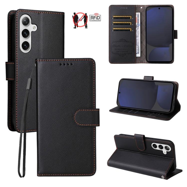 Funda de cuero con textura Litchi para Samsung Galaxy S24 FE 5G, con bloqueo RFID y capacidad para 3 tarjetas (negro)