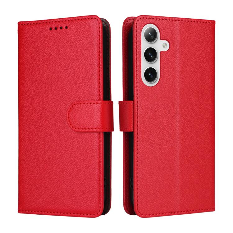 Funda de cuero con textura Litchi para Samsung Galaxy S24 FE 5G, con bloqueo RFID y capacidad para 3 tarjetas (roja)