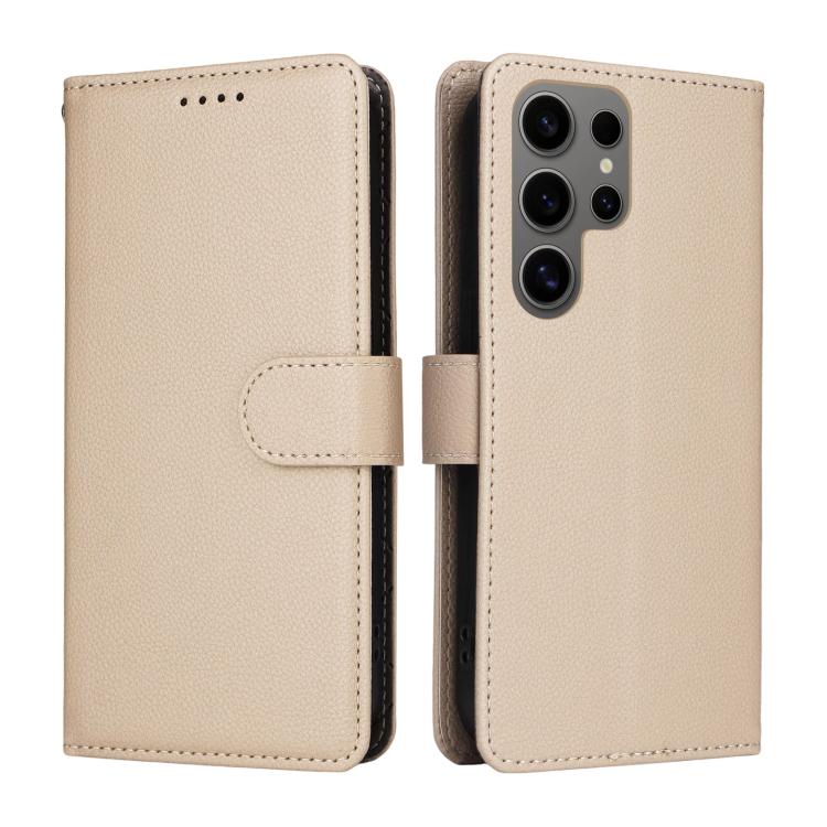 Funda de cuero tipo billetera con bloqueo RFID para Samsung Galaxy S24 Ultra 5G, textura Litchi, para 3 tarjetas (beige)