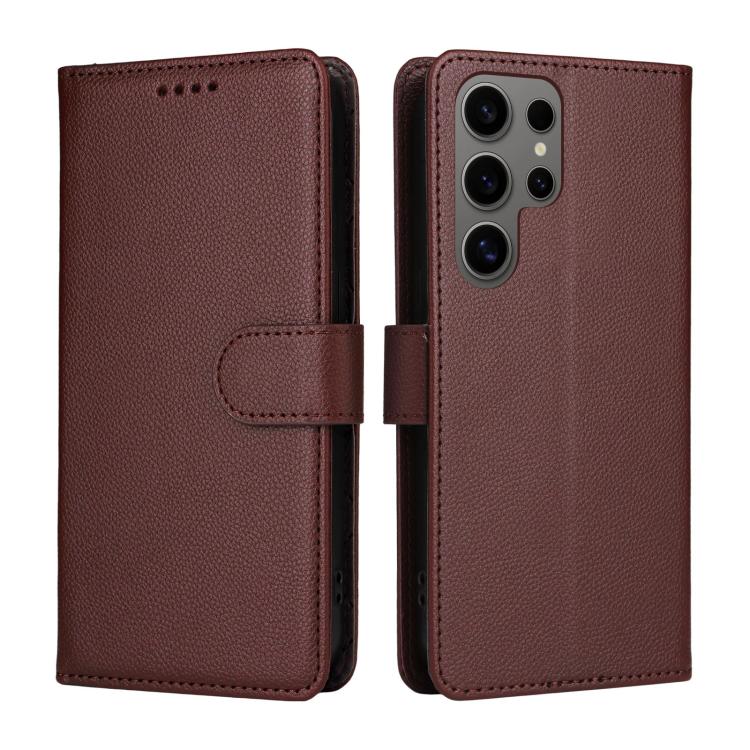 Funda de cuero con textura Litchi para Samsung Galaxy S24 Ultra 5G, con bloqueo RFID y capacidad para 3 tarjetas (marrón)