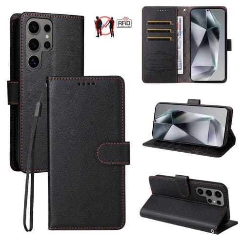 Funda de cuero tipo billetera con bloqueo RFID para Samsung Galaxy S24 Ultra 5G, textura Litchi, para 3 tarjetas (negro)