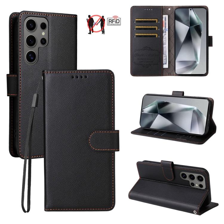 Funda de cuero tipo billetera con bloqueo RFID para Samsung Galaxy S24 Ultra 5G, textura Litchi, para 3 tarjetas (negro)