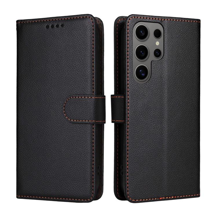 Funda de cuero tipo billetera con bloqueo RFID para Samsung Galaxy S24 Ultra 5G, textura Litchi, para 3 tarjetas (negro)