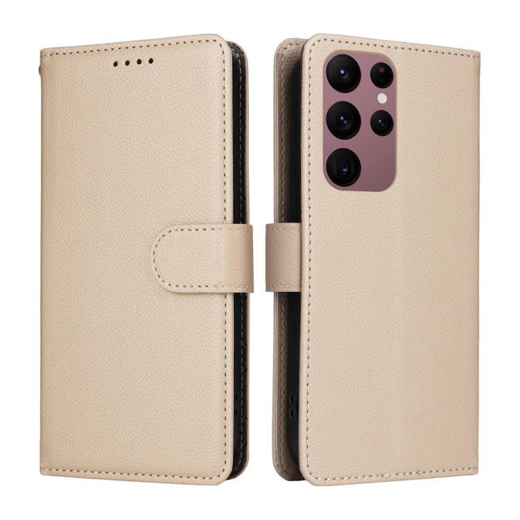 Funda de cuero tipo billetera con textura Litchi y bloqueo RFID para Samsung Galaxy S23 Ultra 5G (beige)
