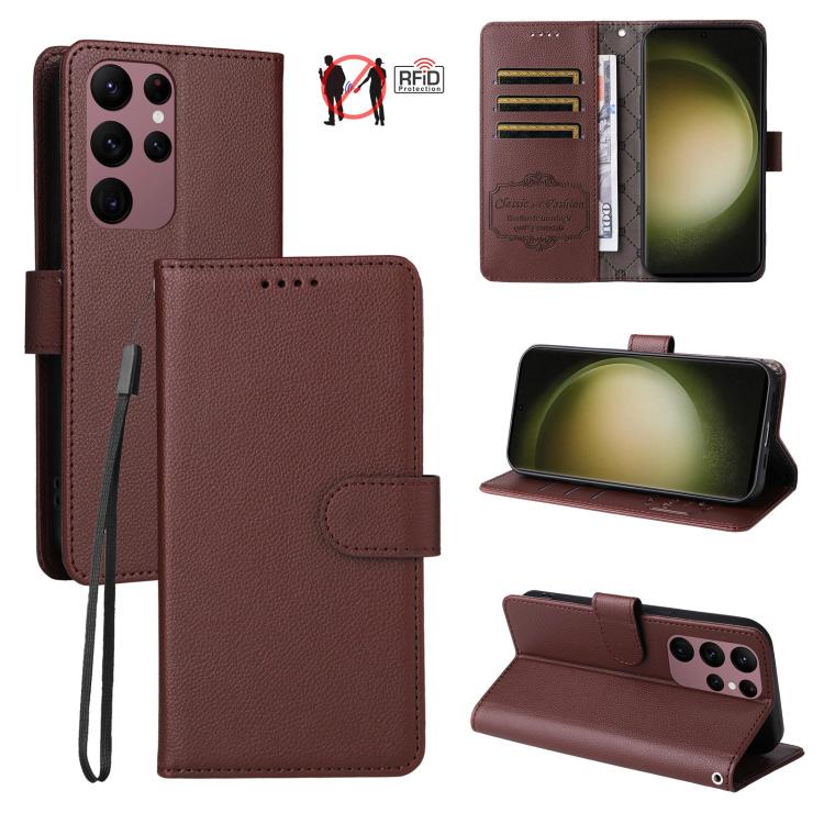 Funda de cuero con textura Litchi para Samsung Galaxy S23 Ultra 5G, con bloqueo RFID y capacidad para 3 tarjetas (marrón)
