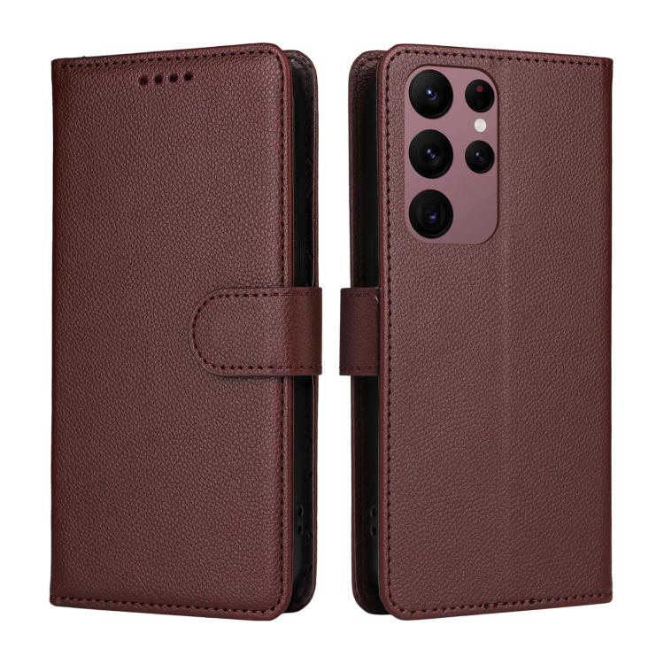 Funda de cuero con textura Litchi para Samsung Galaxy S23 Ultra 5G, con bloqueo RFID y capacidad para 3 tarjetas (marrón)