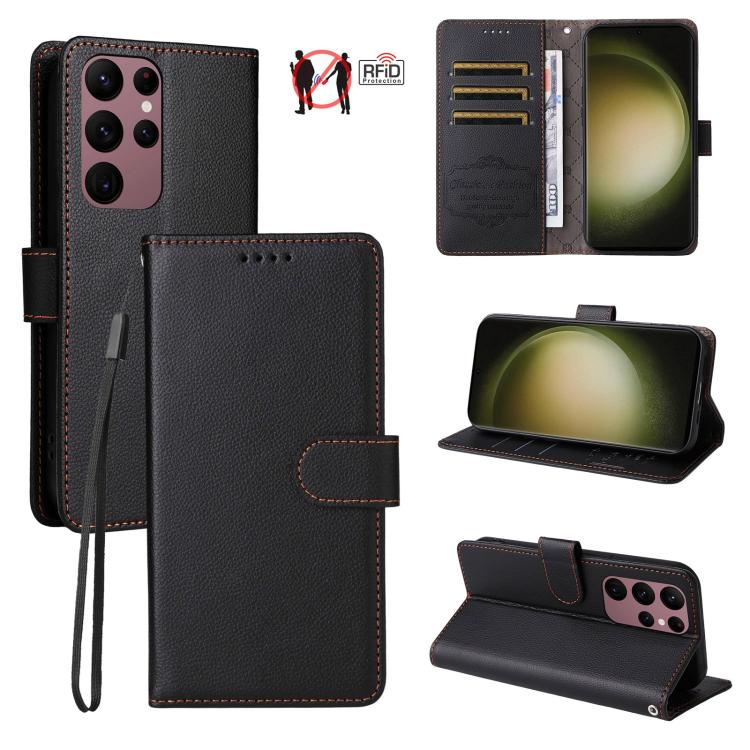Funda de cuero con textura Litchi para Samsung Galaxy S23 Ultra 5G, con bloqueo RFID y capacidad para 3 tarjetas (negro)