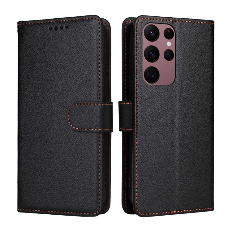 Funda de cuero con textura Litchi para Samsung Galaxy S23 Ultra 5G, con bloqueo RFID y capacidad para 3 tarjetas (negro)