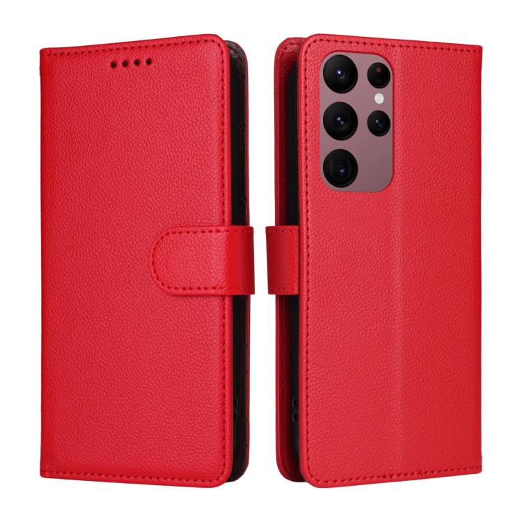 Funda de cuero tipo billetera con bloqueo RFID para Samsung Galaxy S23 Ultra 5G, textura Litchi, para 3 tarjetas (roja)