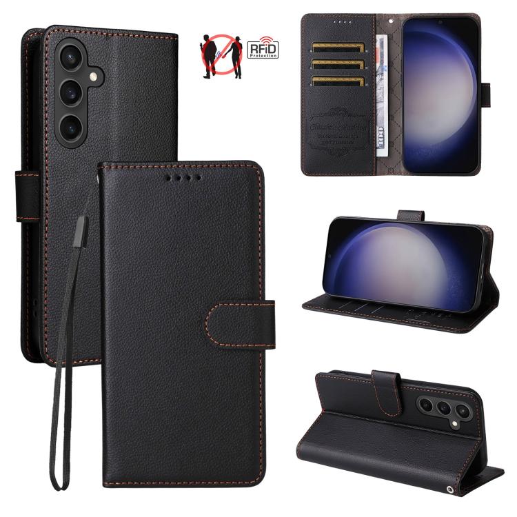 Funda de cuero con textura Litchi para Samsung Galaxy S23 FE 5G, con bloqueo RFID y capacidad para 3 tarjetas (negro)