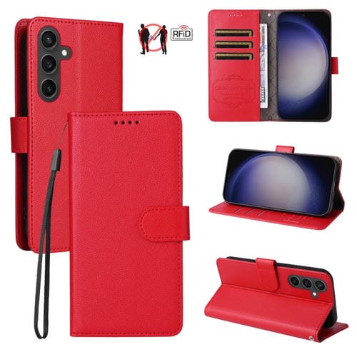 Funda de cuero con textura Litchi para Samsung Galaxy S23 FE 5G, con bloqueo RFID y capacidad para 3 tarjetas (roja)